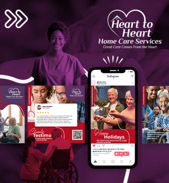 Image of a few posts on social media with a cellphone on it all in purple, red, and white.